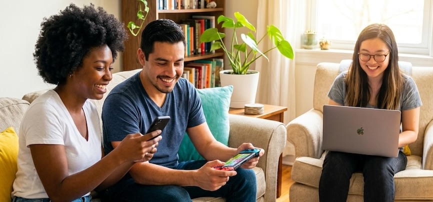 Dos personas sonriendo mientras usan el móvil y una consola portátil en el sofá, y una tercera con su portátil en un sillón